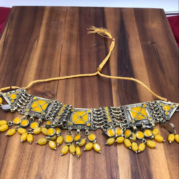 Afghan Choker Necklace With Dangling Beads, Afghan Kuchi Glass Stones Necklace, - Picture 2 of 4